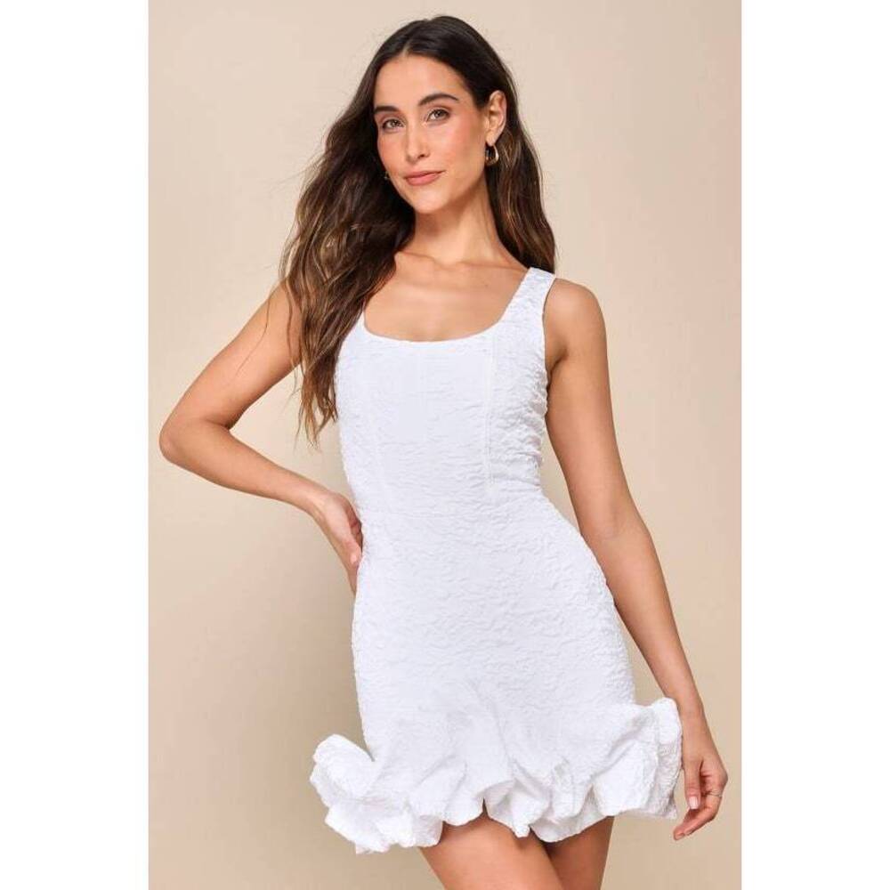 Lulus Extravagant Poise White Textured Jacquard Bubble-hem Mini Dress - Size S